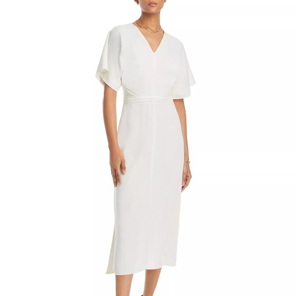 645$ BOSS V-Neck Slit Sides Dawinga Midi Dress Short Sleeves Size 10 Soft Cream - Picture 5 of 5